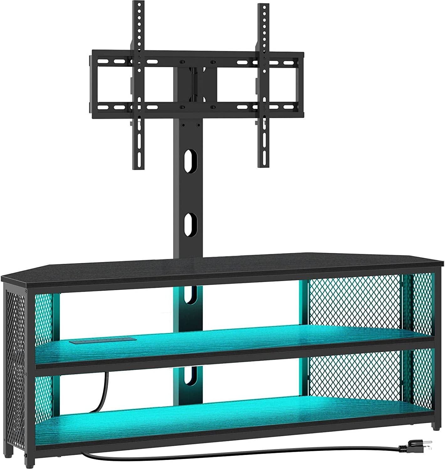 Rustic Brown TV Stand - Adjustable Mount and Power Outlet for 45-70 Inch TVs, Swivel Function and LED Lighting