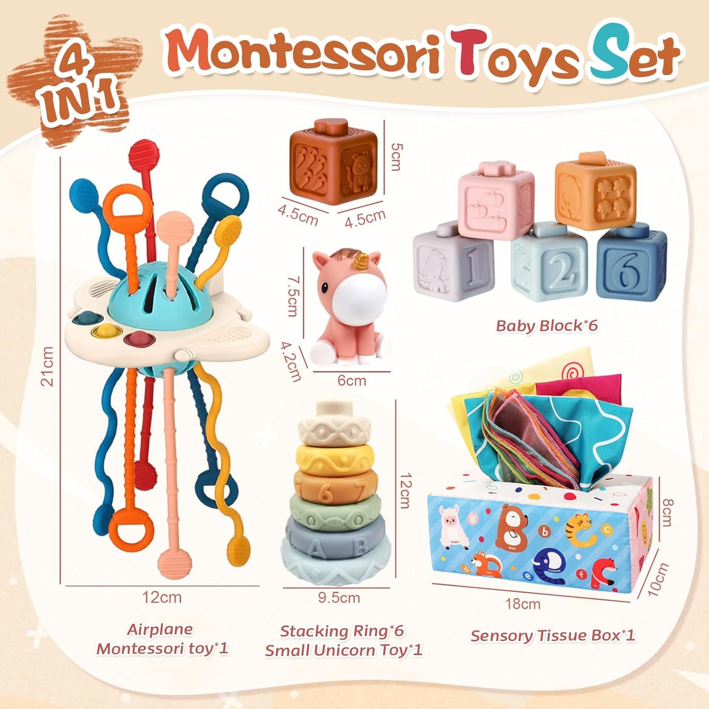 Montessori-Inspired Baby Toy Set - 6-12 Months - 4-in-1 Stacking Blocks, Tissue Box Toy, Sensory Play (1-3 Years)