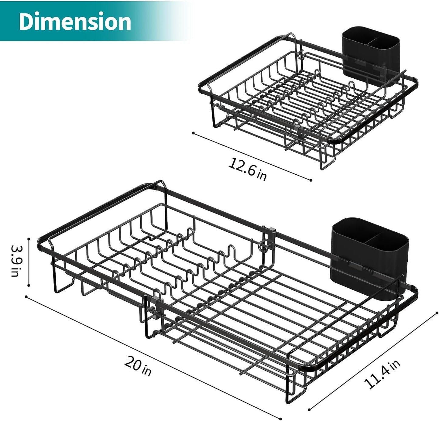 Adjustable Expandable Dish Drying Rack for Over-the-Sink Use, Rustproof Kitchen Dish Drainer with Utensil Holder