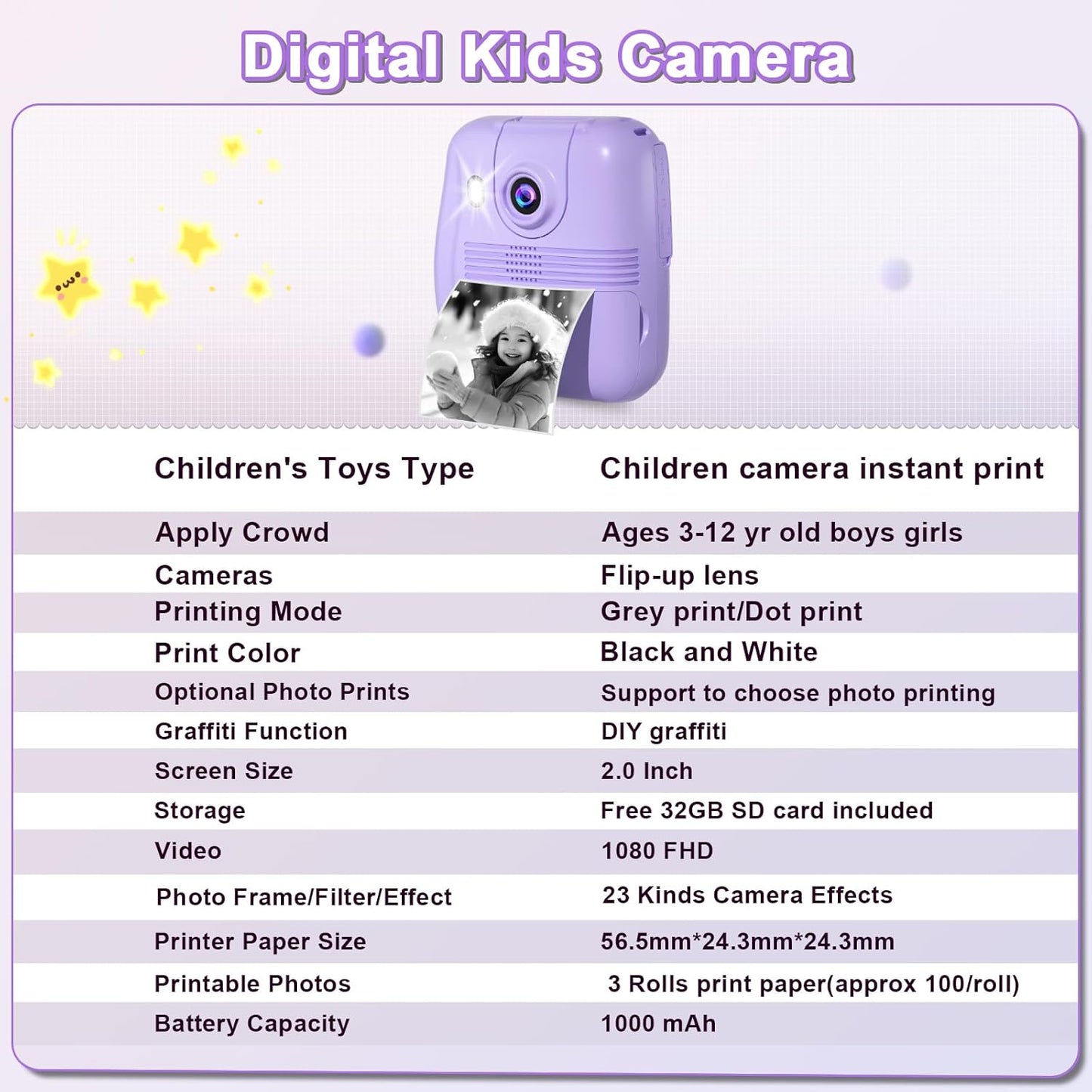 Kids Instant Print Camera - Instant Camera, Video Camera Toy, Ages 3+ (Purple)