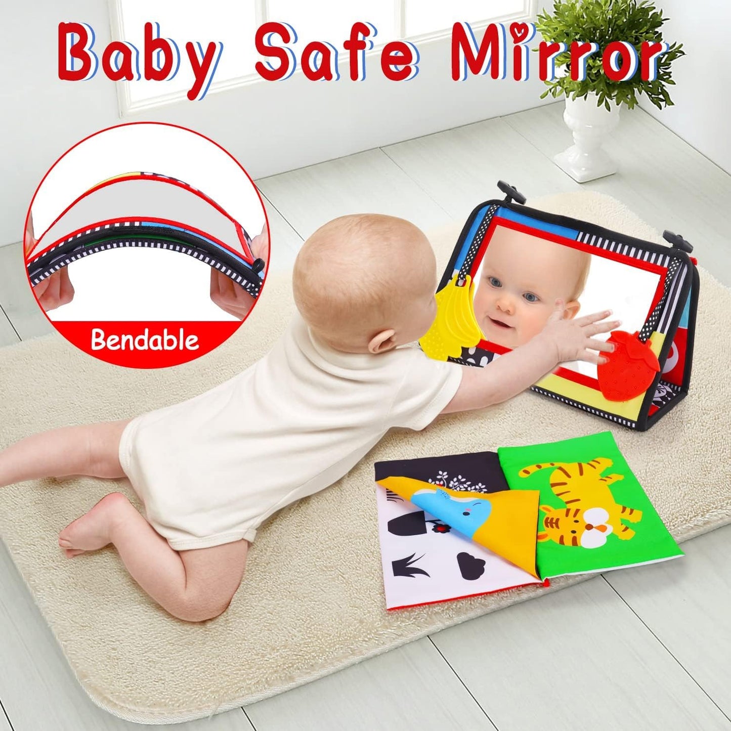 High Contrast Tummy Time Baby Mirror Toy - Montessori Crinkle Mat Cloth Book - Sensory Development Aged 0-12 Months