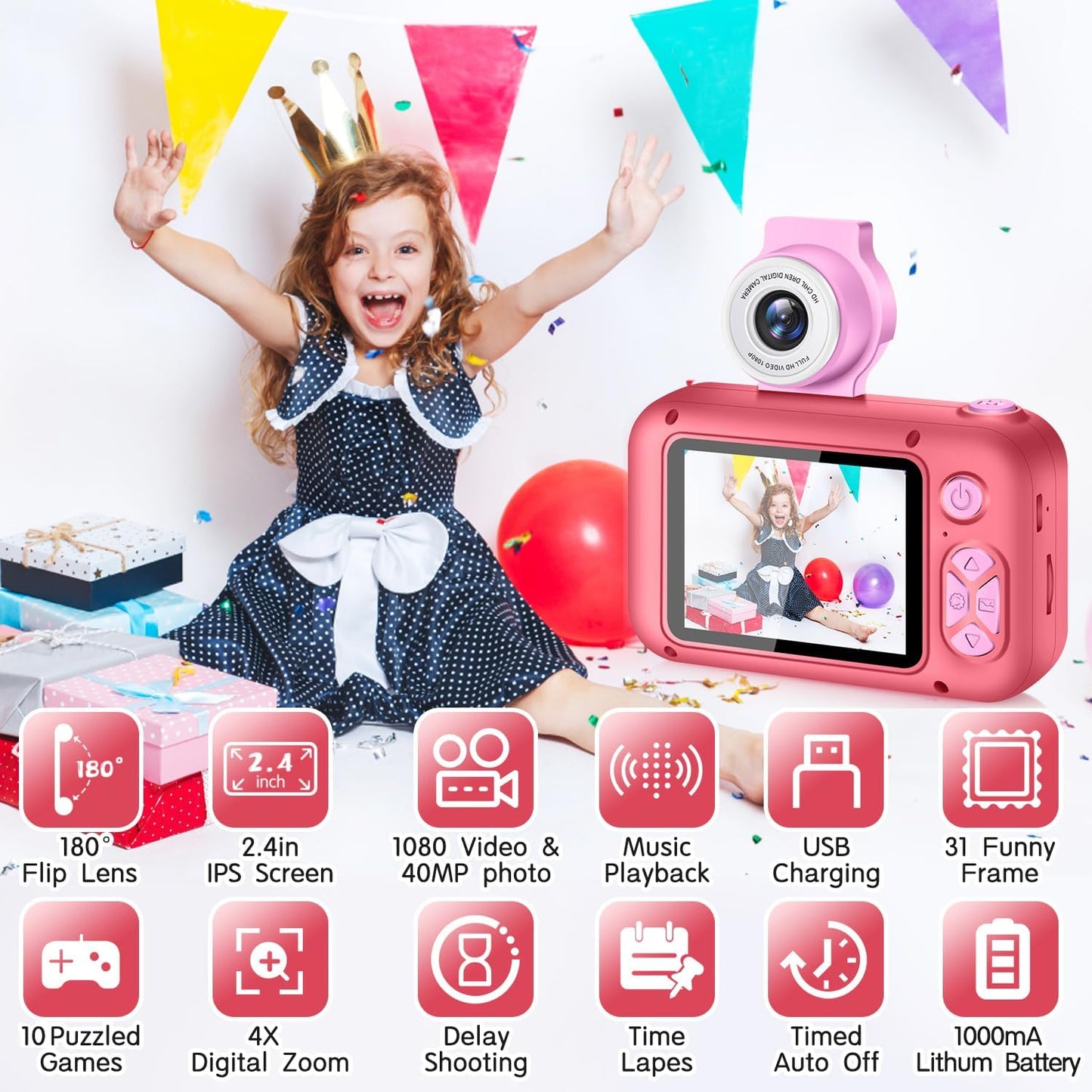 Digital Camera for Kids with 2.4-Inch IPS Screen, 180° Flip Lens, and Built-in Games - Gift for Ages 4-11