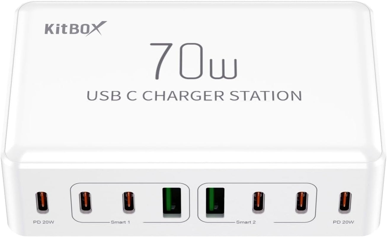 70W Multiport USB-C Charging Station with PD3.0 Fast Charge Port - Smart Power Adapter for iPhone, iPad, Samsung, and More