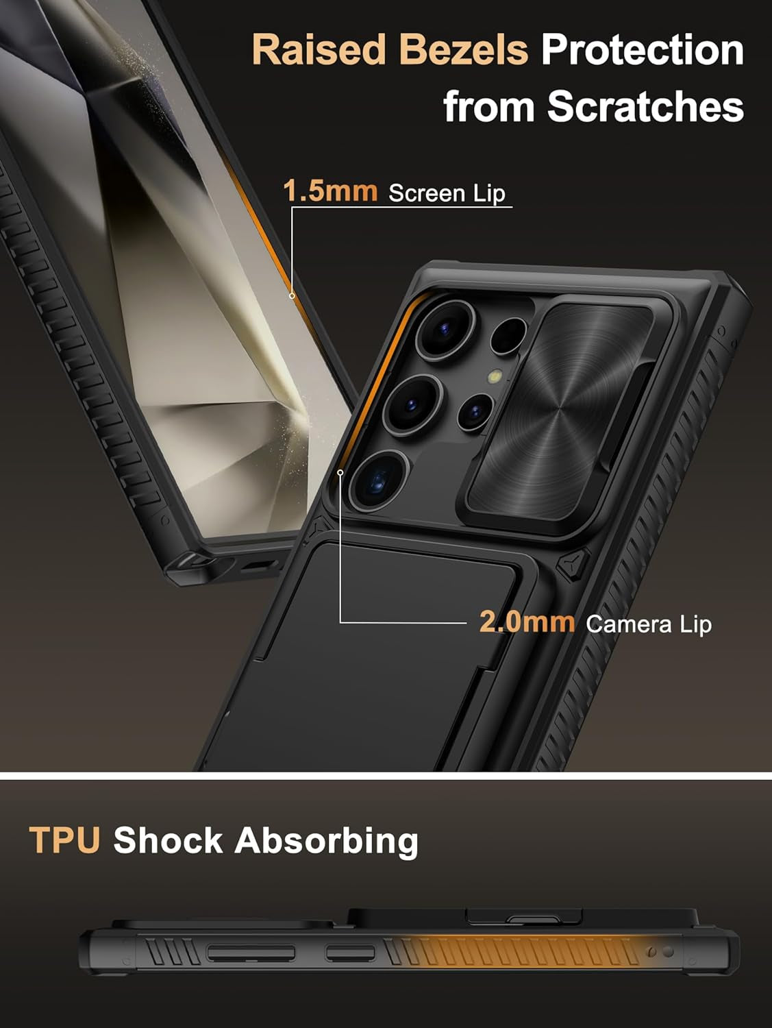Shockproof Wallet Case for Samsung Galaxy S24 Ultra with Card Holder (4 Cards), Slide Camera Cover, and Kickstand – Black