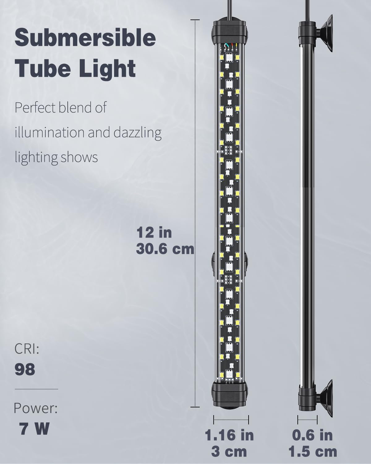 6.5W 12-Inch Aquarium LED Light with Full Spectrum, IPX8 Waterproof, Multi-Colored LEDs, Day/Night Mode, Single Color Effects, Timer, and Adjustable Brightness