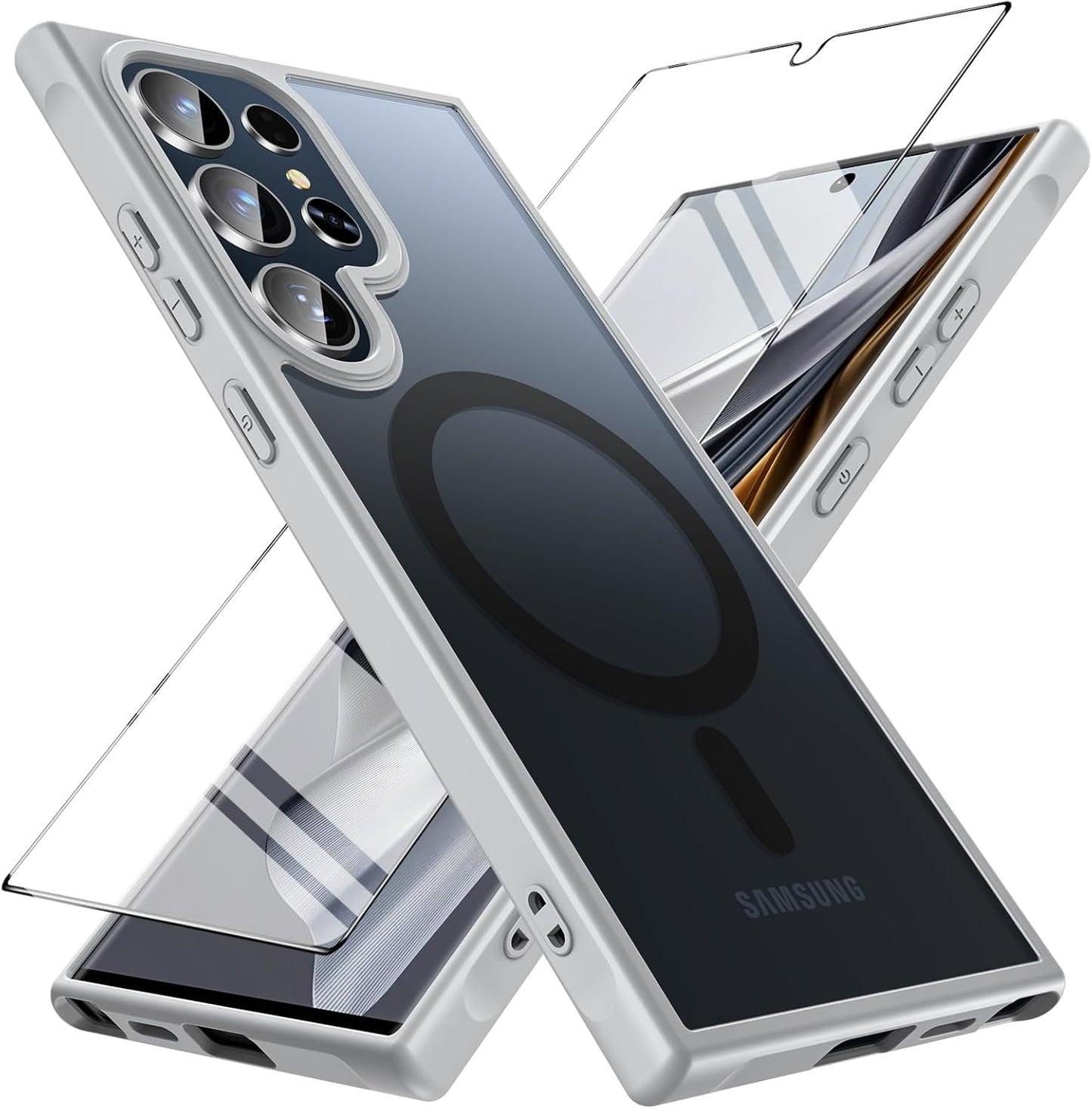 Samsung Galaxy S24 Ultra Case with Screen Protector - Magnetic Shockproof Translucent Matte Back Bumper Cover, Black