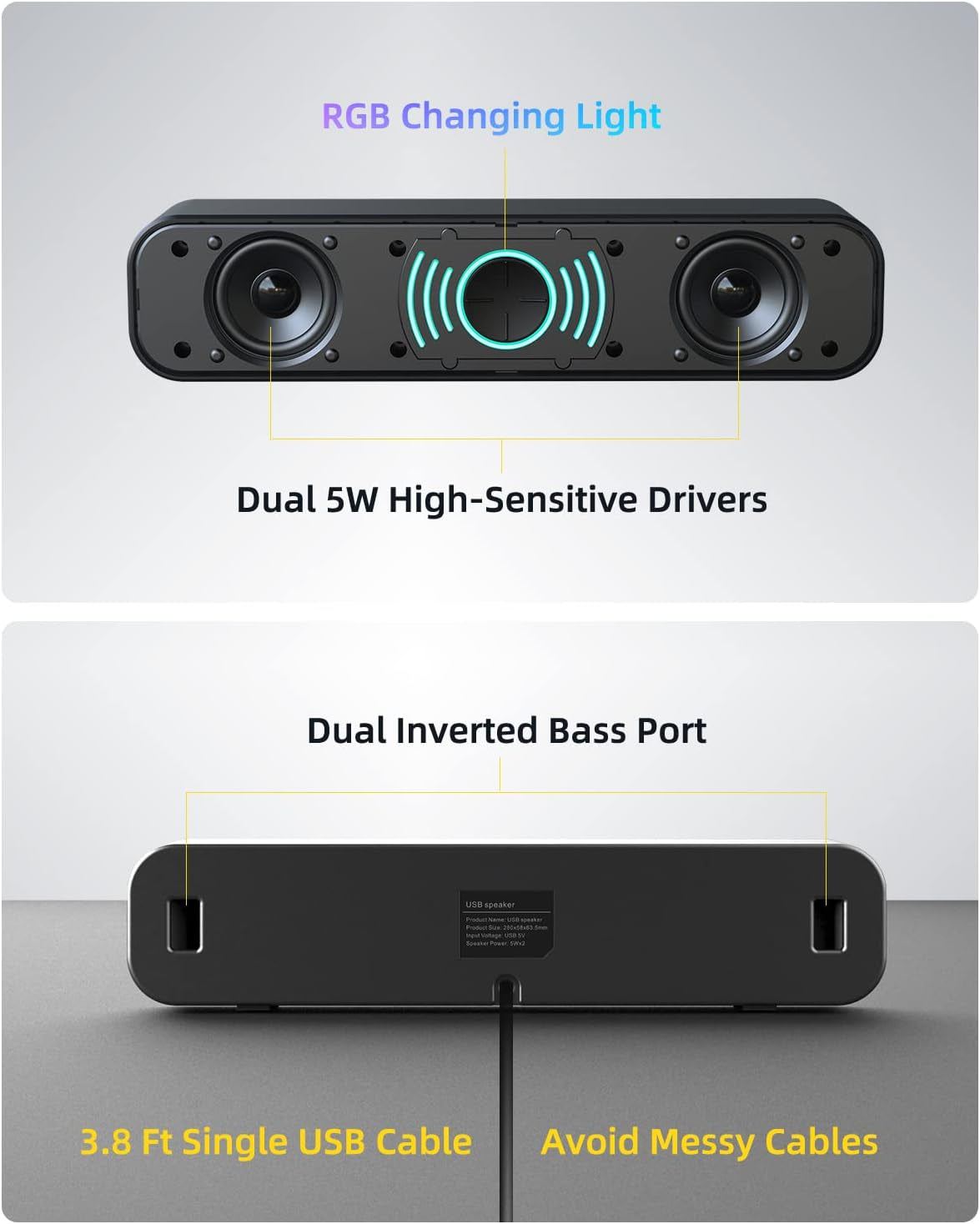USB Desktop and Laptop Speakers with Enhanced Bass, Stereo Sound, Dynamic RGB Lighting, and Digital Volume Control