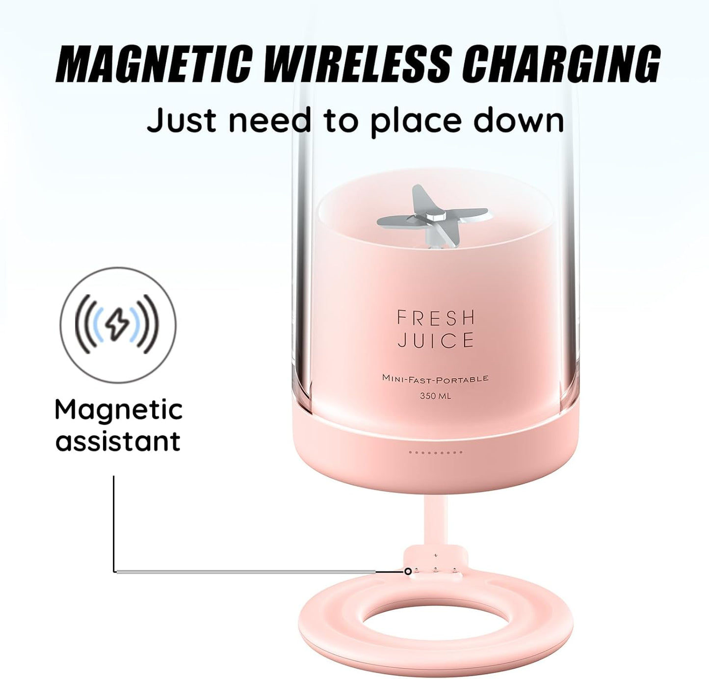 Mini Portable Cordless Blender, 12 Fl Oz, Food Grade Material, Magnetic Charging, Waterproof (Clear/Pink)