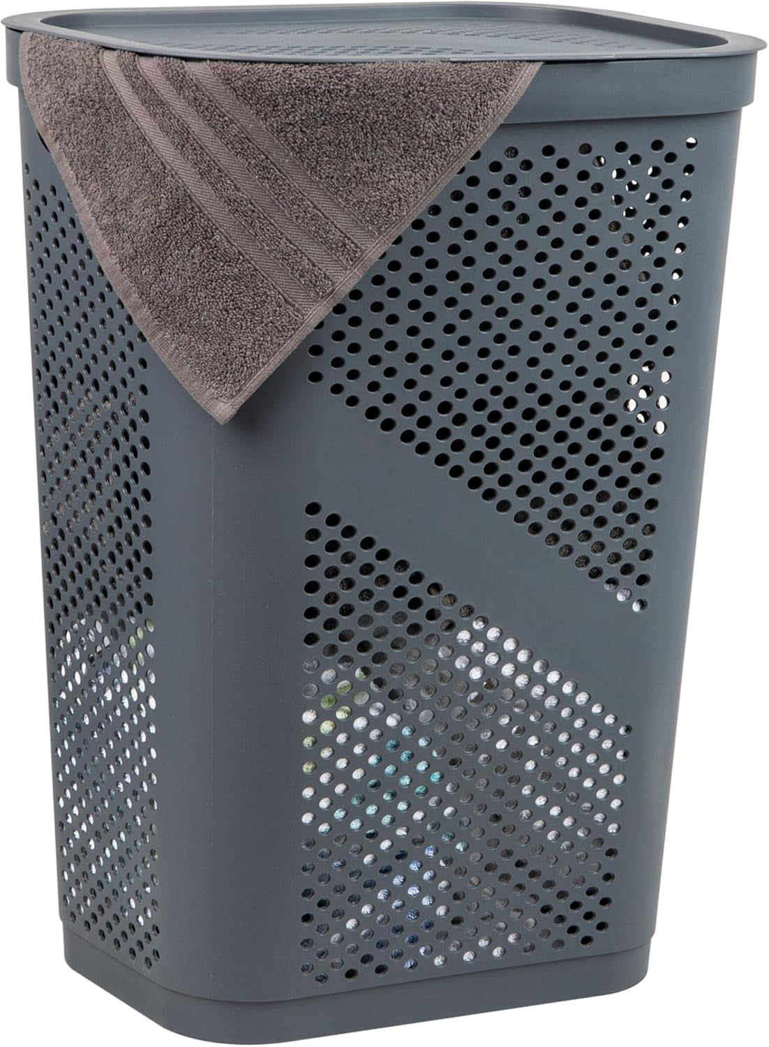 Basket Collection, Slim Laundry Hamper, 60 Liter (15G/33Lbs) Capacity, Cut Out Handles, Attached Hinged Lid, Ventilated, Gray
