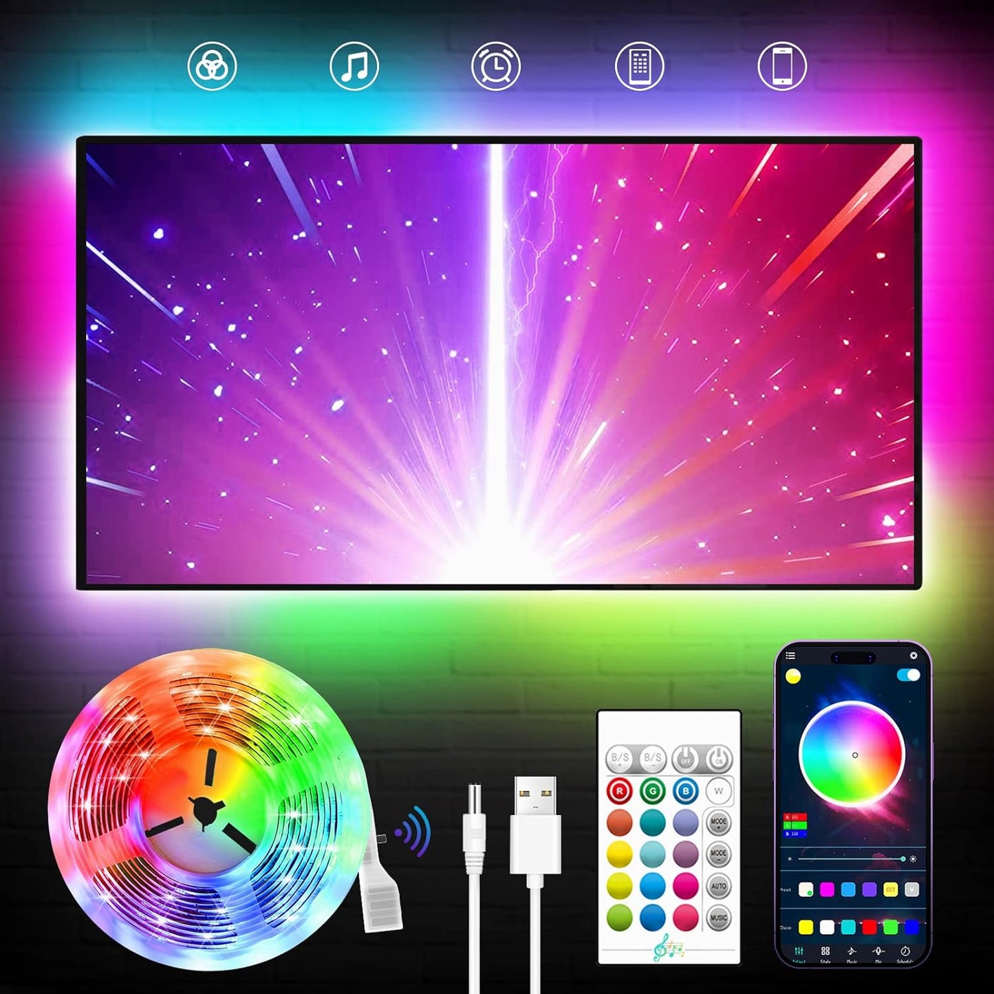 LED Backlight for TVs, 11.4Ft RGB Strip Lights for 32-50 Inch Monitors, Remote and Bluetooth APP Control, Music Sync, USB Powered Room Decoration
