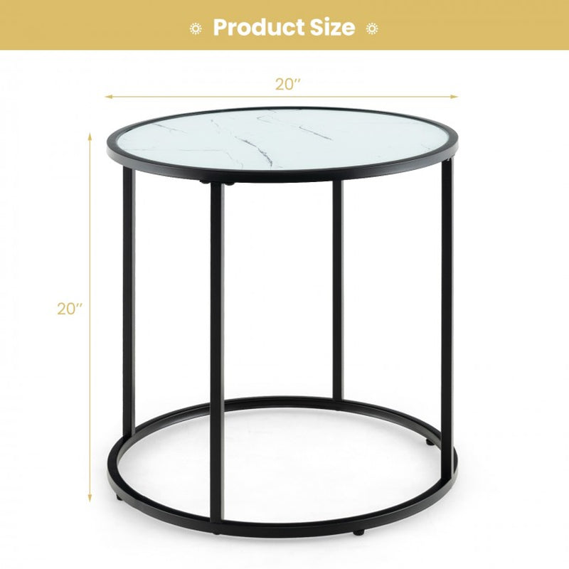 20-Inch Glass End Table Featuring a Metal Frame and Faux Marble Top