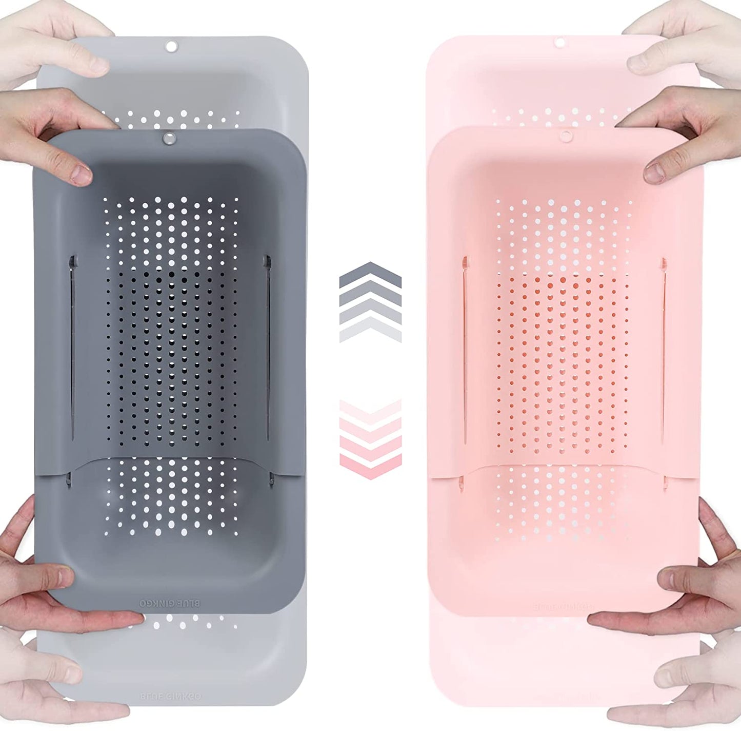 Sink Colander Baskets Set (Pack of 2) for Washing Vegetables and Fruits, Draining Cooked Pasta, and Drying Dishes - Extendable Design - Essential Kitchen Accessories (Grey & Pink)