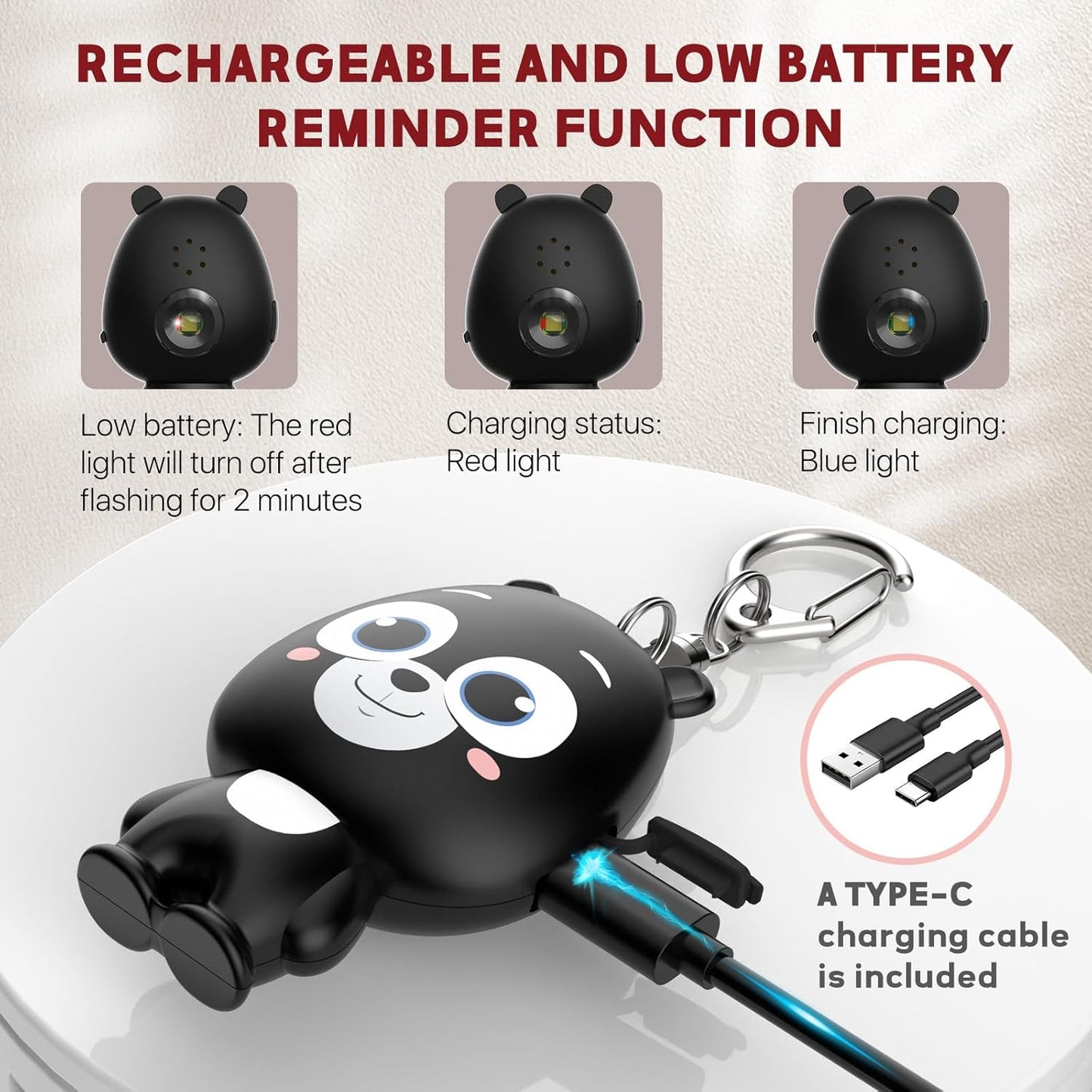 Personal Safety Alarm -Women, Children, Seniors - 130dB Siren Strobe Light, Rechargeable, Low Battery Alert - Keychain Design (Black)