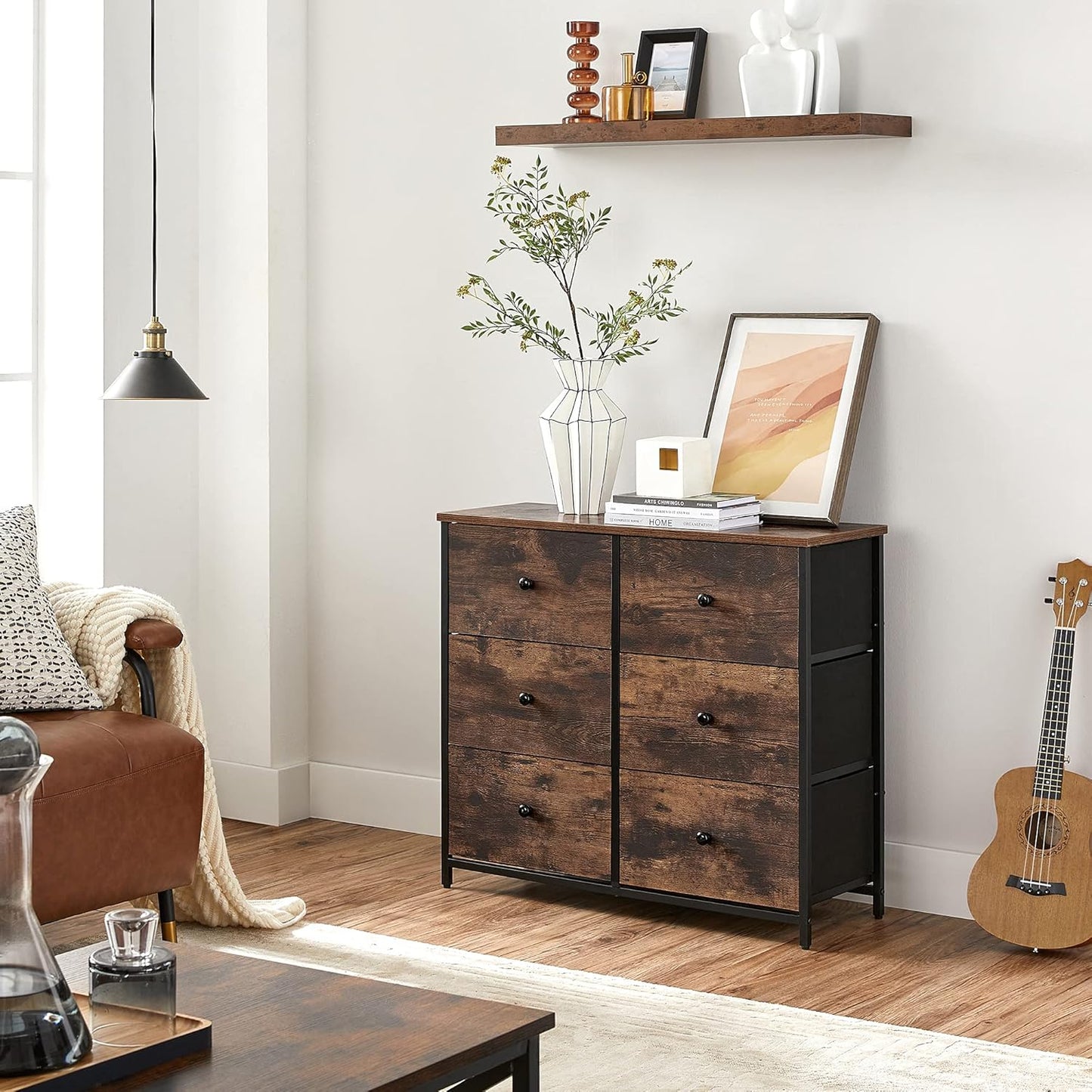 6-Drawer Bedroom Dresser with Metal Frame, Rustic Brown and Classic Black Finish