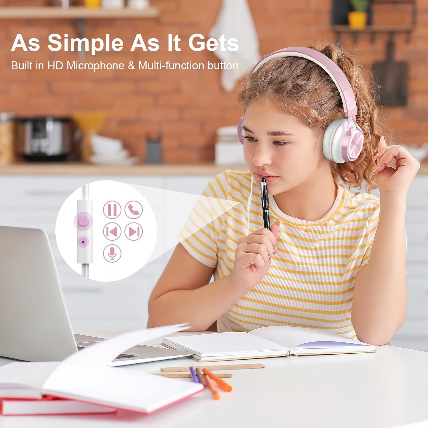 Rose Gold Wired On-Ear Headphones for Kids with Microphone, Adjustable and Foldable Design, Tangle-Free, Compatible with Chromebook and Laptop (3.5mm Jack)