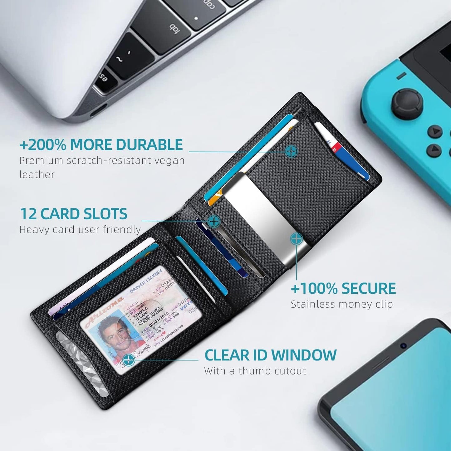 Men's Slim RFID Bifold Leather Wallet with Money Clip, ID Window, 12 Card Slots, and Gift Box