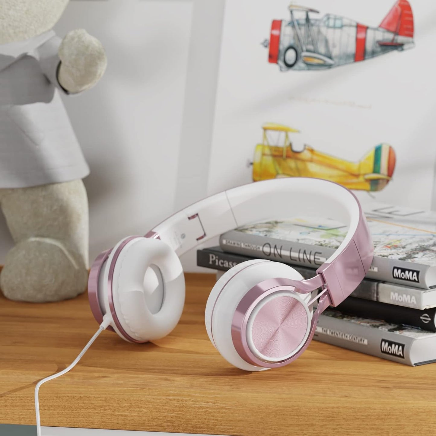 Rose Gold Wired On-Ear Headphones for Kids with Microphone, Adjustable and Foldable Design, Tangle-Free, Compatible with Chromebook and Laptop (3.5mm Jack)