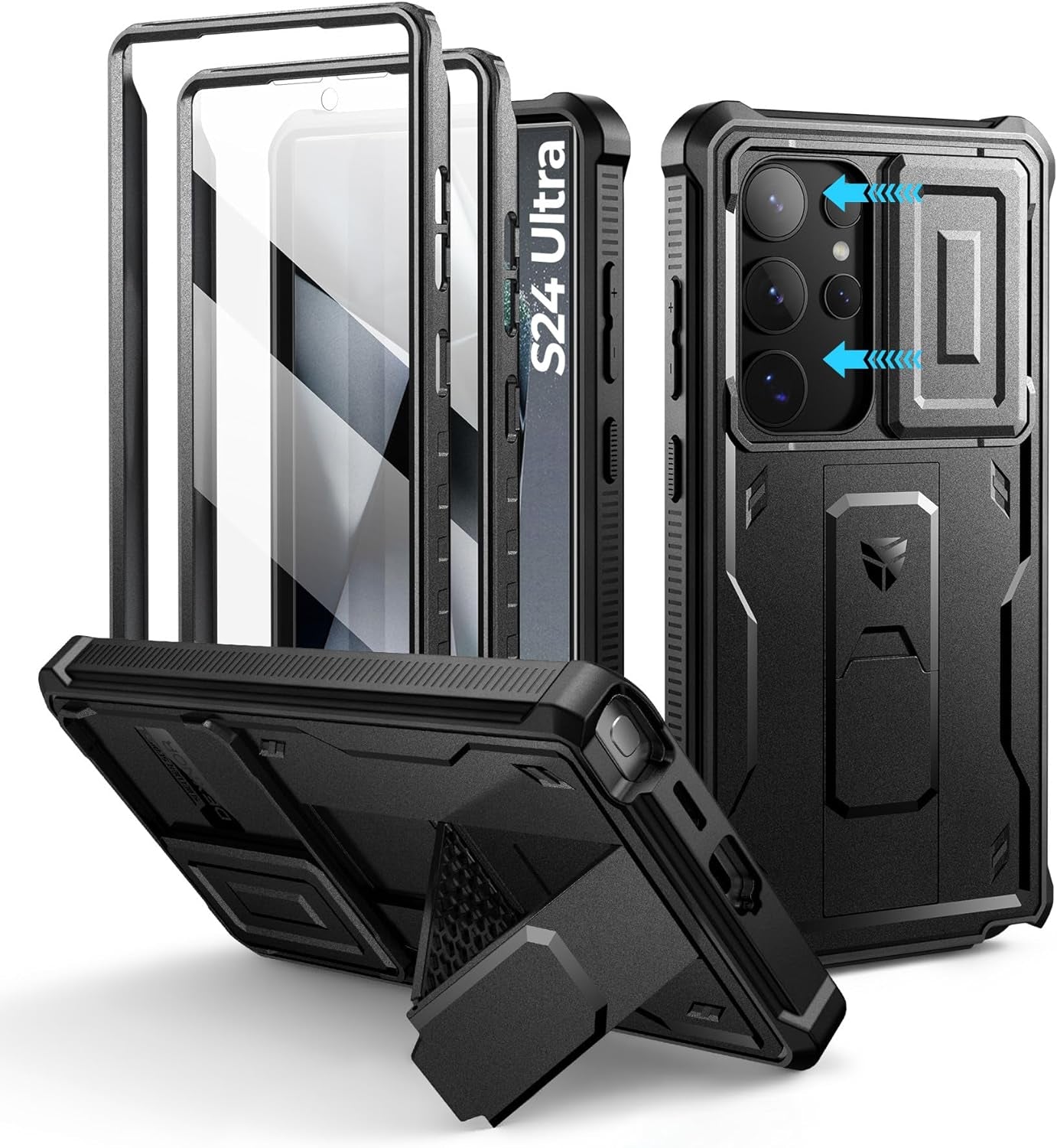 Samsung Galaxy S24 Ultra Heavy-Duty Rugged Case with Built-In Slide Camera Cover, Screen Protector, and Kickstand - Black