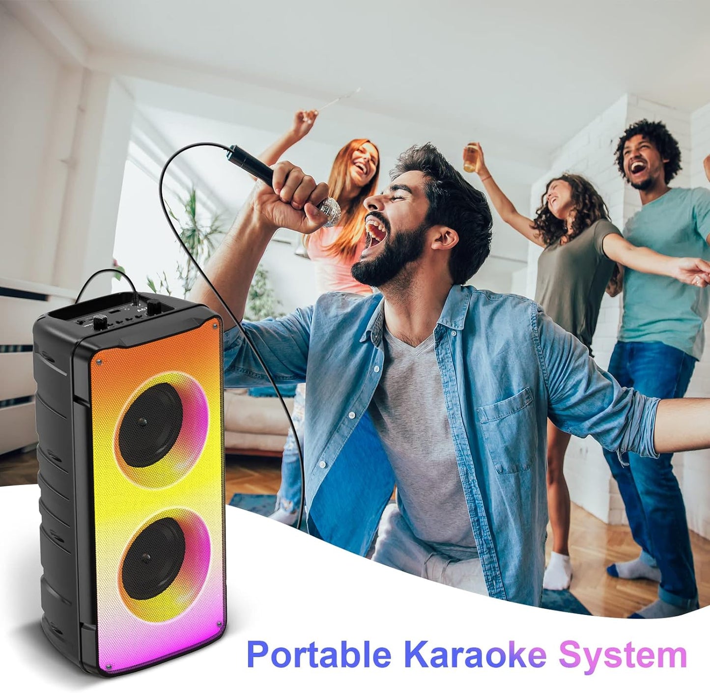 Portable 60W Bluetooth Speakers with Rich Bass, FM Radio, Colorful Lights, TWS Pairing, and 10000mAh Battery