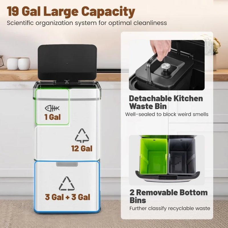 19-Gallon Stainless Steel Trash Can with Integrated Kitchen Waste Bin and Dual Bottom Recycling Compartments