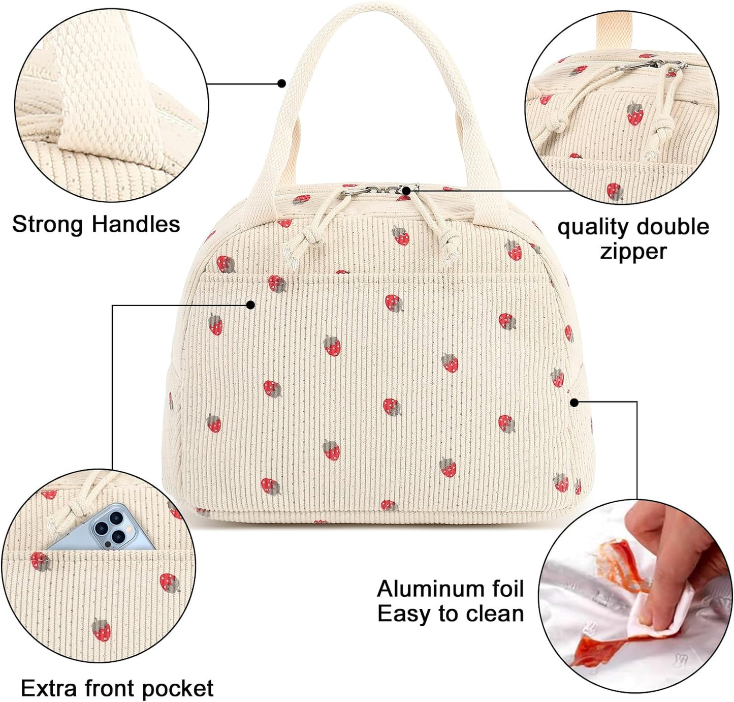 Corduroy Insulated Lunch Tote Bag for Men and Women - Reusable Large Capacity Cooler for Work, Picnics, and Travel (Strawberry Design)