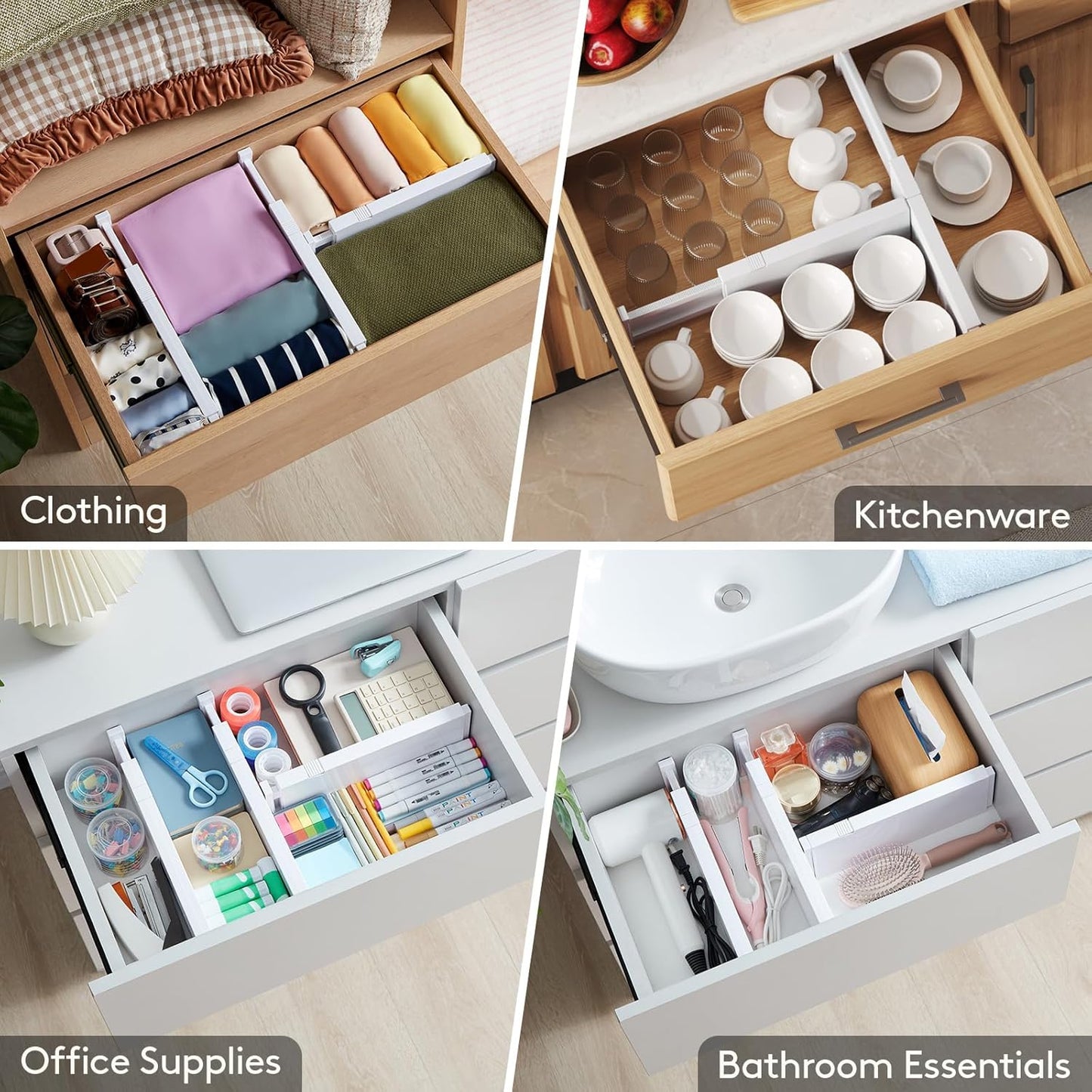 5 Pack Drawer Dividers Plastic 4" High, 11-17" Adjustable Closet Vanity Organizers - Expandable Separators - Storage