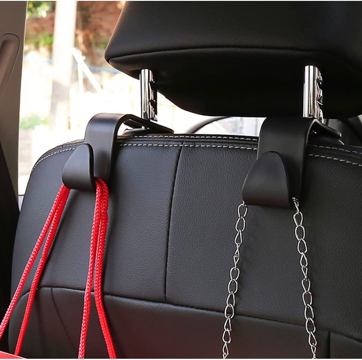 4-Piece Black Car Headrest Hooks - Universal Rear Seat Hangers for Handbags, Wallets, Grocery Bags, and Children's Toys