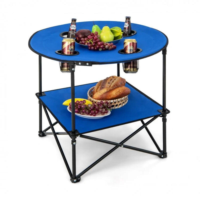 2-Tier Portable Picnic Table with Carrying Bag and Four Cup Holders