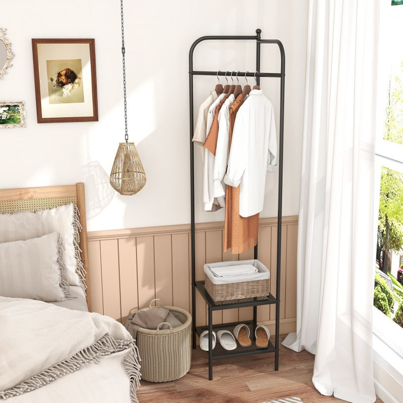 Corner Coat Rack with Top Hanger and Dual Mesh Shelves for Entryway, Hallway, Living Room, and Bedroom