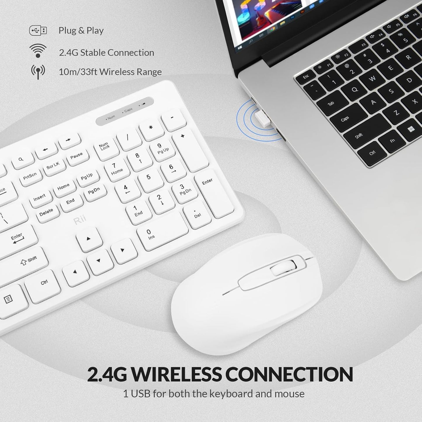 Wireless Full-Size Keyboard and Mouse Combo, Quiet-Typing Set for PC, Office, and School (White)