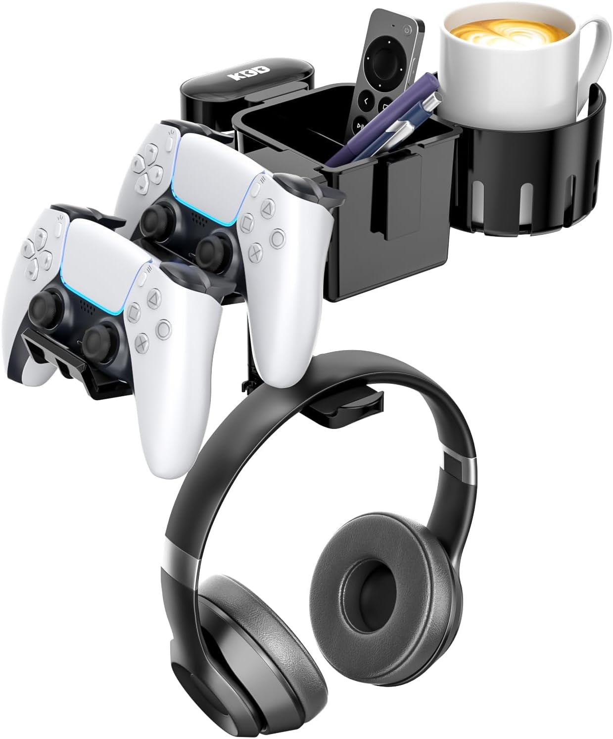 5-in-1 Desk Organizer with Rotating Headphone Hanger and Cup Holder - Clamp-On Storage Solution for Controllers, Headphones, Cups, Mobile Phones, and Pens (Black)