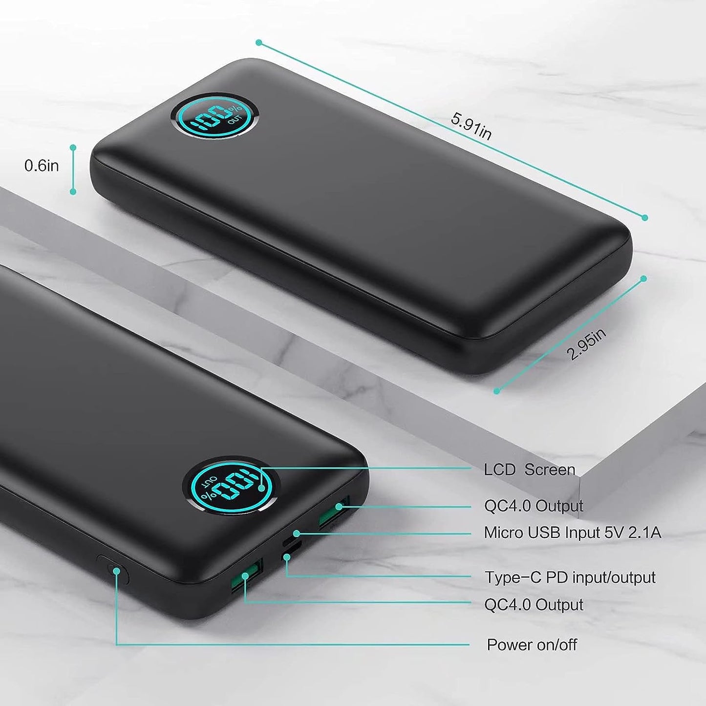 Portable Charger Power Bank 30,800Mah LCD Display,25W PD Fast Charging +QC, Tri-Outputs Battery Pack (Black)