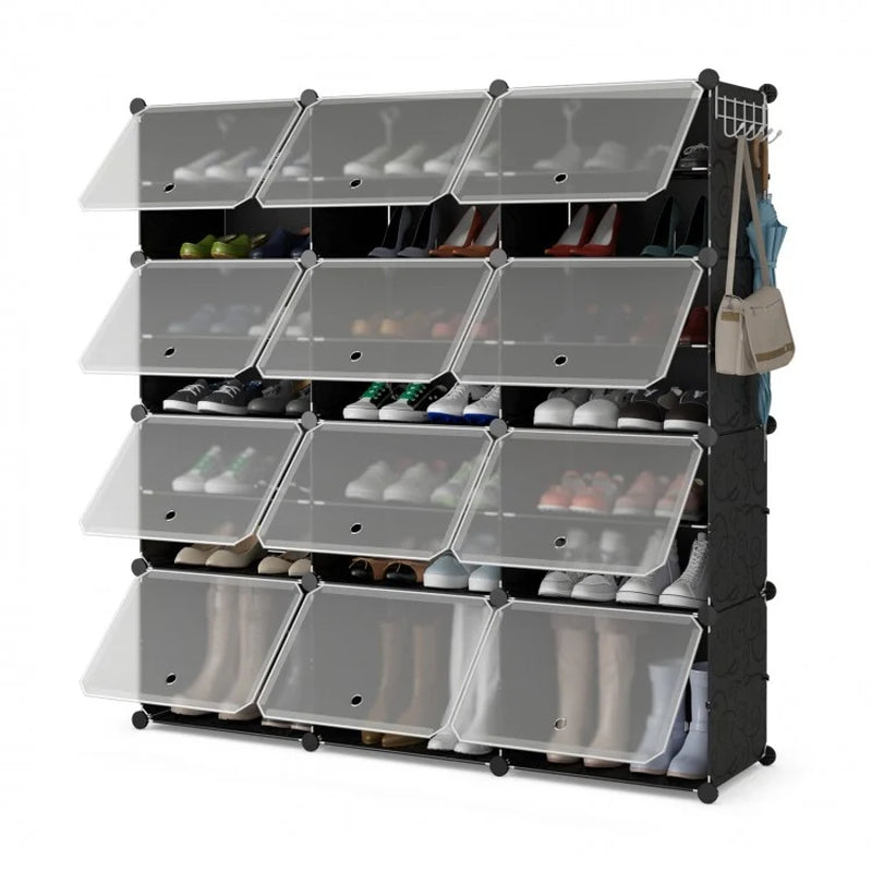 12-Cube Portable Shoe Organizer with Hooks for 48 Pairs