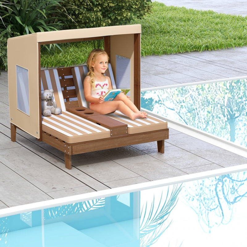 Children's Outdoor Lounge Chair with Cup Holders and Sunshade Awning
