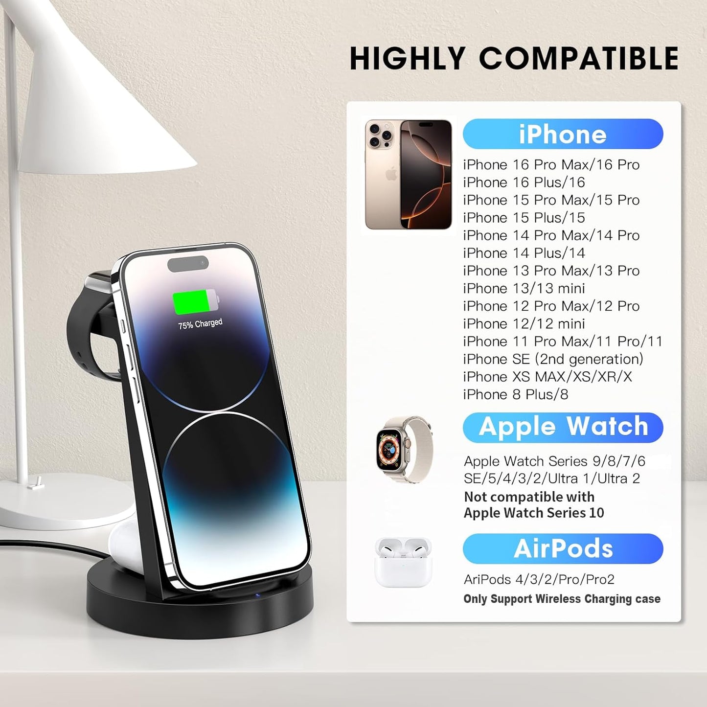 3-in-1 Wireless Charging Station for iPhone, Apple Watch, and AirPods - Compatible with iPhone 16, 15, 14, 13, 12, 11, X, Pro Max