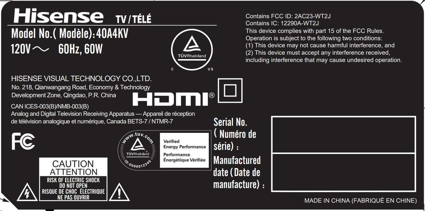 40" Smart Full HD 1080P VIDAA Television with DTS Trusurround - 2023 Canada Model