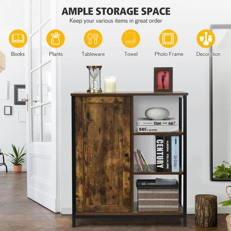 Freestanding Multi-Functional Storage Cabinet with Three Open Shelves and Doors