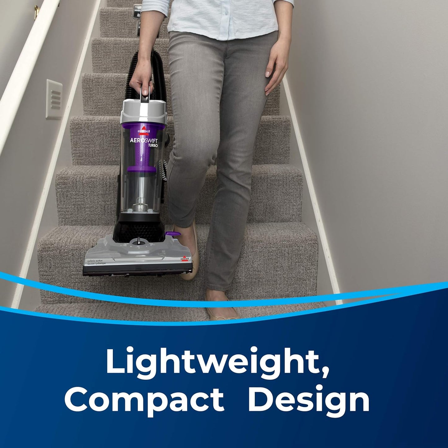 Turbo Compact Upright Vacuum Cleaner with Cyclonic Separation and Permanent Filter - Lightweight Purple Design