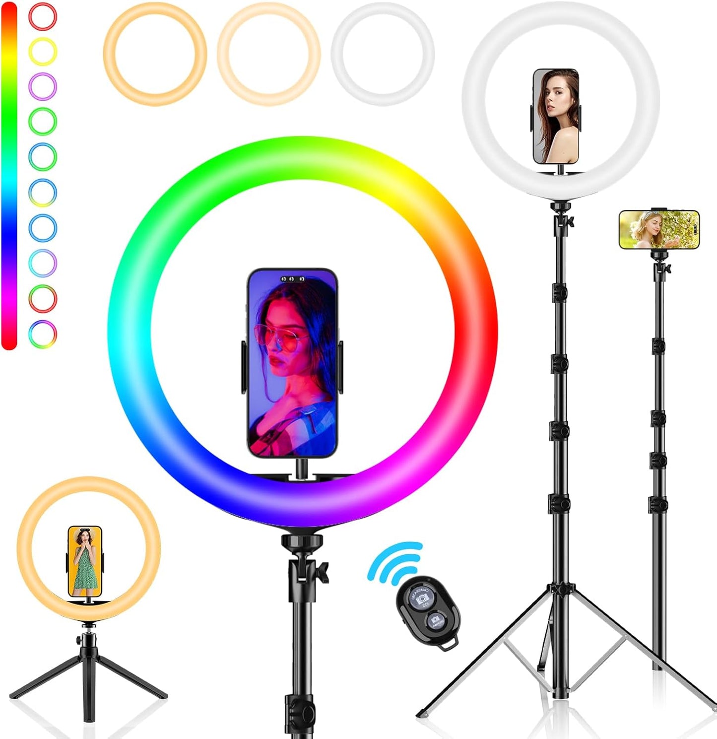 12-Inch Dimmable LED Ring Light with 73-Inch Tripod Stand and Desk Mount, Featuring 38 Color Modes and Phone Holder