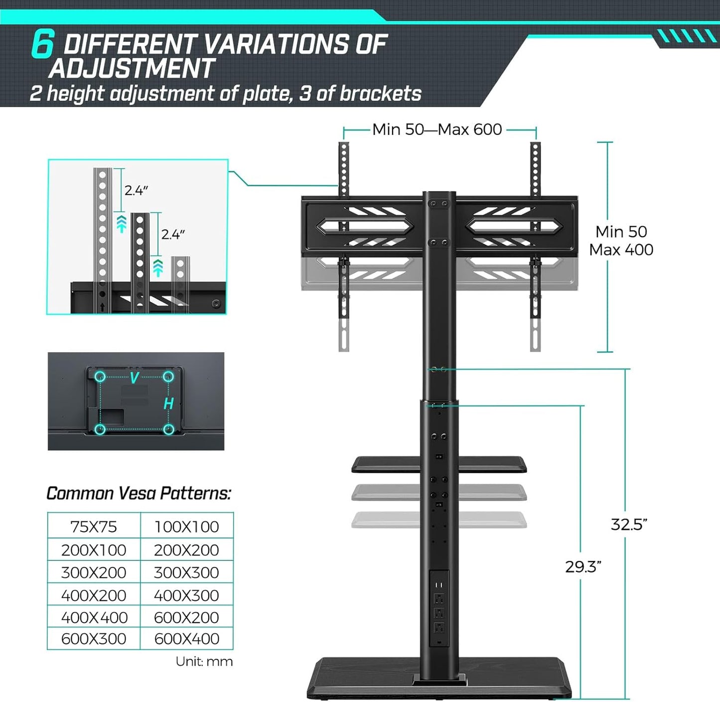 TV Stand with Power Outlet, Universal Floor TV Stand for 32-70 Inch, Swivel Tall TV Stand - AV Shelf, Holds up to 110 Lbs, Height Adjustable, Black