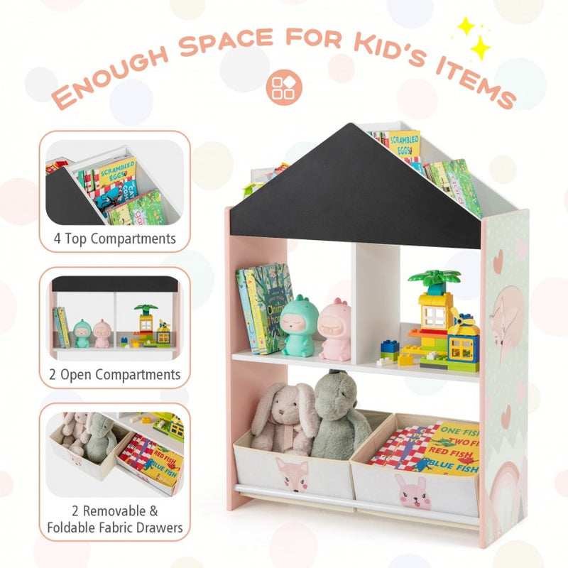 Children's Playhouse Bookshelf with Integrated Chalkboard and Whiteboard for Ages 3-6