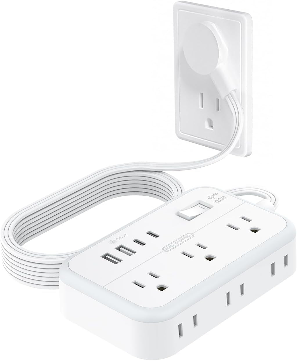 Flat Plug Surge Protector Power Strip - 6 Outlets and 4 USB Ports (2 USB-C), 5 Ft Flat Extension Cord for Home, Office, Dorm Room Use