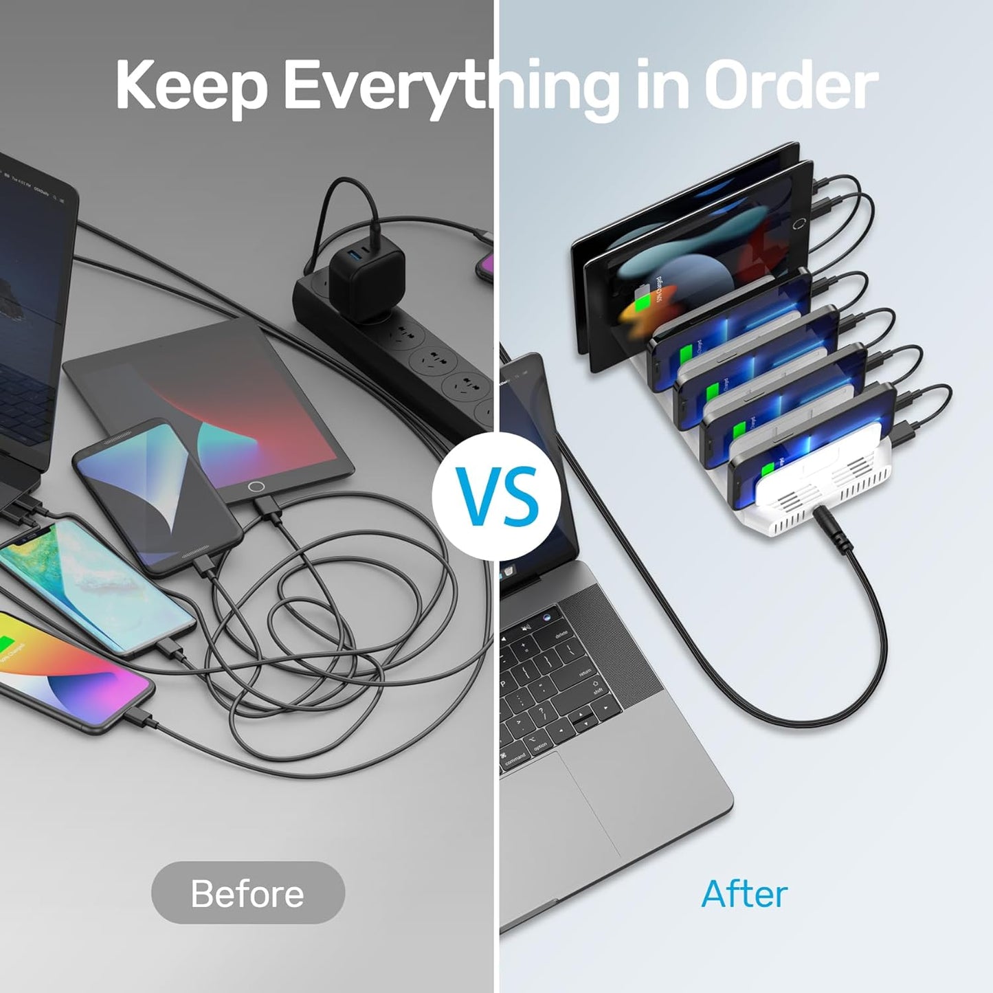 10-Port USB Charging Station with Smartic Technology and Adjustable Dividers for iPad, Tablet, Kindle, and iPhone