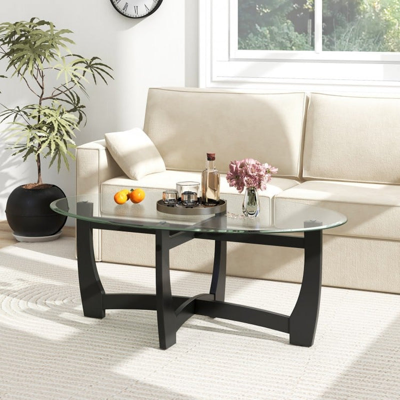 Oval Coffee Table Featuring Tempered Glass Top and Rubberwood Legs