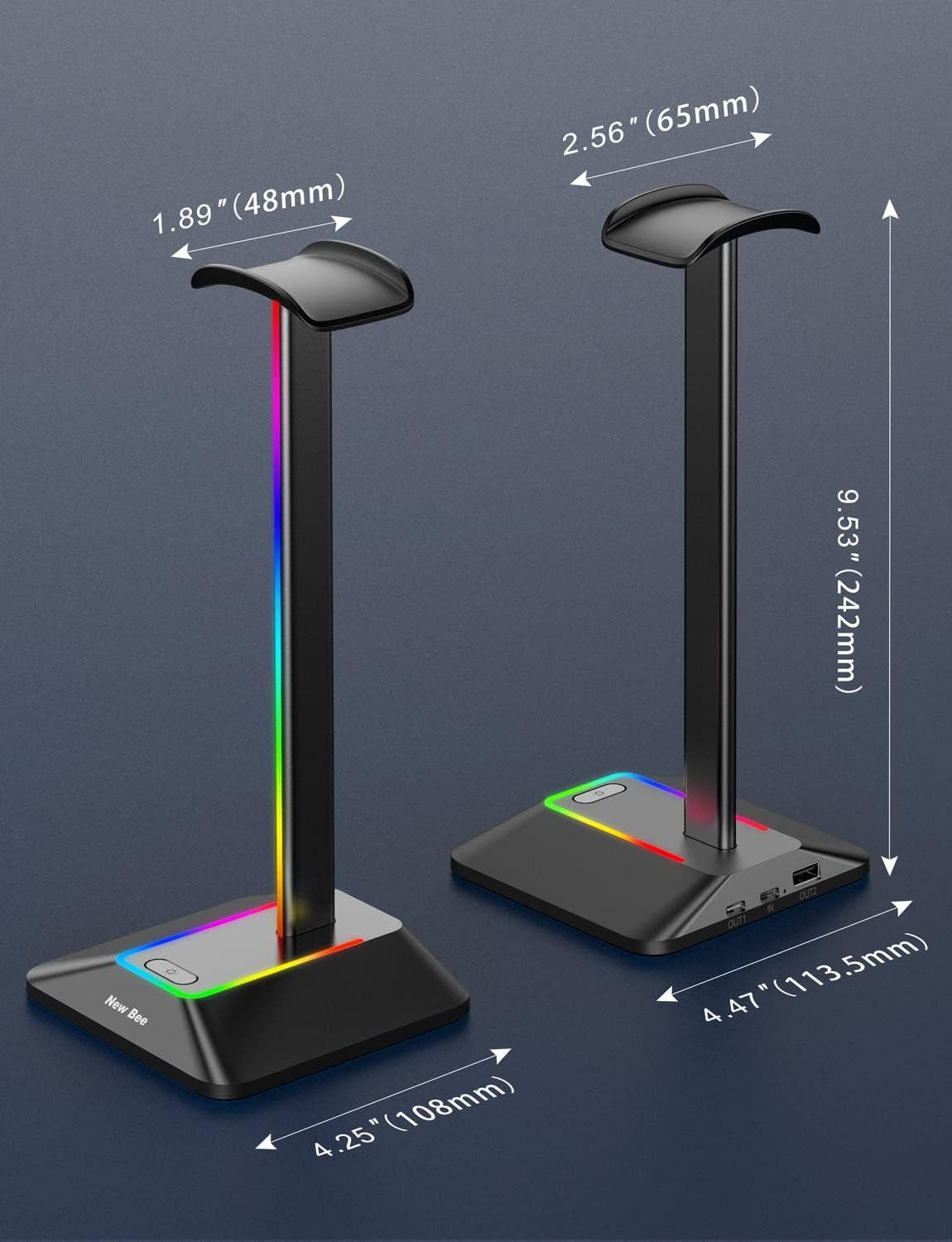 RGB Headphone Stand with Dual USB Charging Ports and 7 Lighting Modes for Gaming Headsets and Earphone Accessories