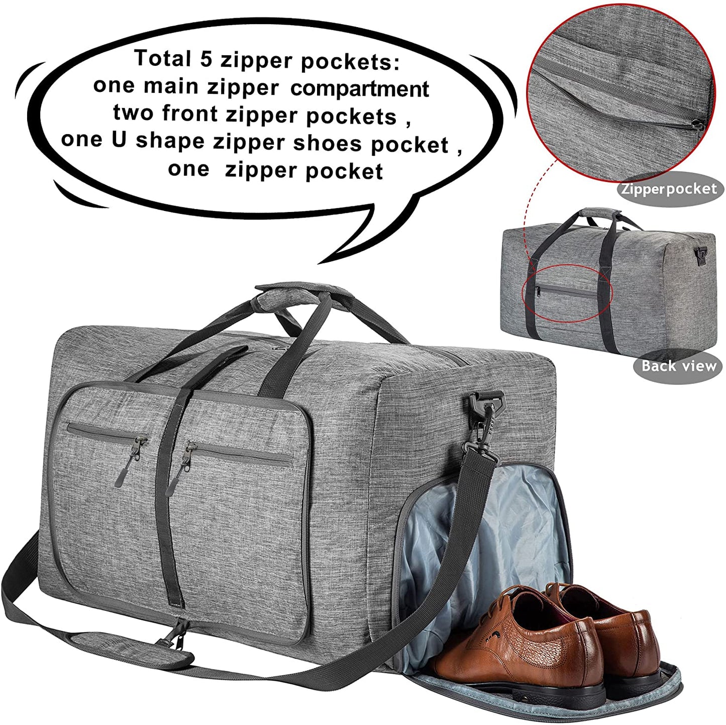Men's Travel Duffle Bag with Shoe Compartment, Foldable Waterproof and Tear-Resistant Overnight Bag Available in 65L, 85L, and 115L