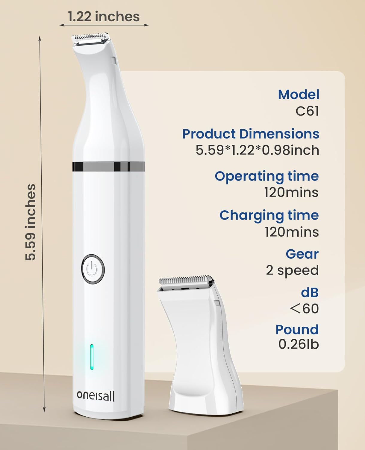 Cordless Dog Clippers - Dual Blades, Grooming Small Pets - Low Noise Trimmer (White)