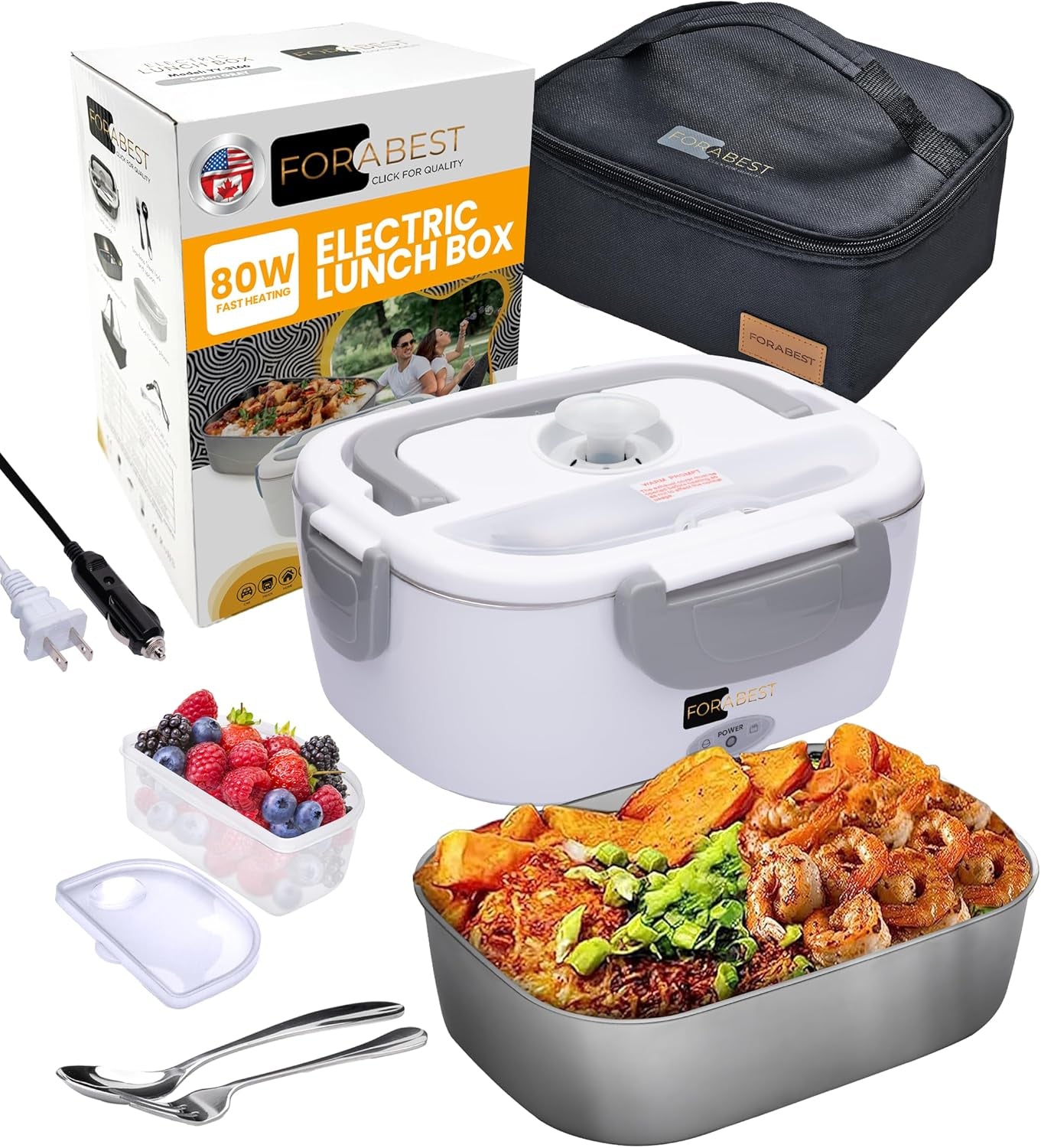 Electric Lunch Box Food Heater - 80W Portable Tiffin for Car/Truck (12/24V) & Office (110/220V) - 1.5L Heated Lunch Container