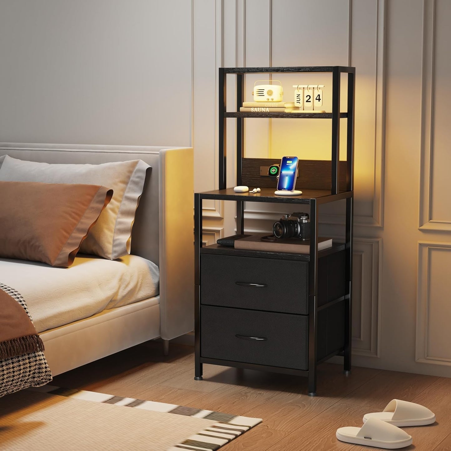 39" Tall LED Nightstand with Charging Station, Storage Drawer, and USB Ports - Black Bedroom Bedside Table