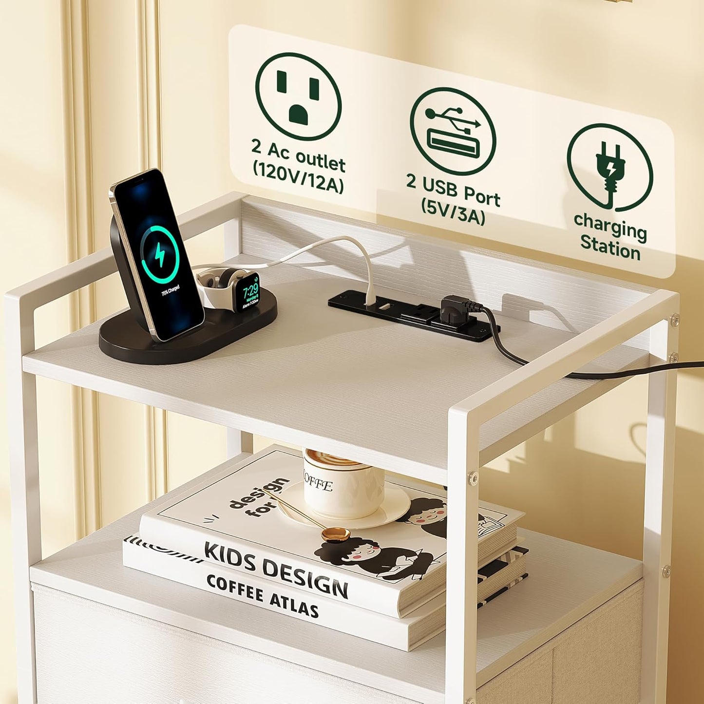 Elegant White Nightstands - 5 Storage Drawers, Tall Bedroom Dresser, LED Light Charging Station, Shelf Side Table, Metal Frame